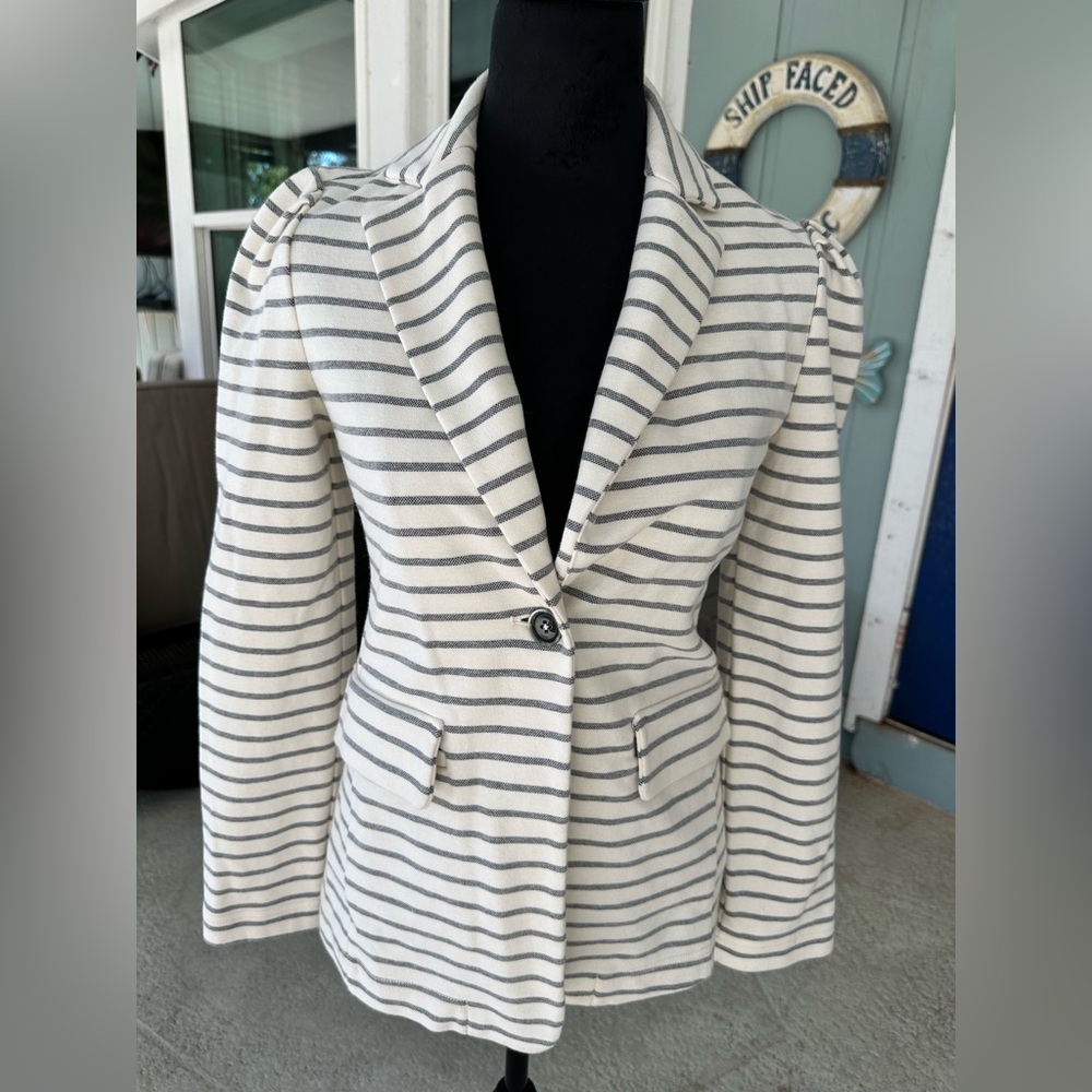 Anthropologie Blazer Ecru Grey Stripe Size XS International Cotton